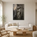 Stone Gray Angel Statue Gothic Wall Art Canvas Print styled in a refined neutral interior