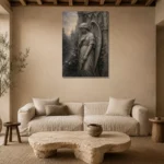 Stone Gray Angel Statue Gothic Wall Art Canvas Print presented in a sophisticated home setting