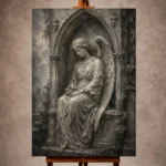 Stone and silver Angel Statue Wall Art print for elegant interiors. No text or watermarks in design.
