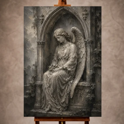 Stone and silver Angel Statue Wall Art print for elegant interiors. No text or watermarks in design.