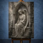Stone & Silver Seated Angel Statue Gothic Wall Art Canvas Print - Image 2