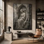 Stone & Silver Seated Angel Statue Gothic Wall Art Canvas Print - Image 3