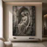 Stone & Silver Seated Angel Statue Gothic Wall Art Canvas Print - Image 4