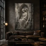 Stone & Silver Seated Angel Statue Gothic Wall Art Canvas Print - Image 5