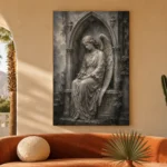 Stone & Silver Seated Angel Statue Gothic Wall Art Canvas Print - Image 6
