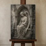 Stone & Silver Seated Angel Statue Gothic Wall Art Canvas Print displayed on a studio easel