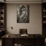 Stone & Silver Seated Angel Statue Gothic Wall Art Canvas Print displayed in a contemporary gallery-inspired room