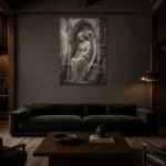 Stone & Silver Seated Angel Statue Gothic Wall Art Canvas Print shown in a warm modern interior