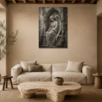 Stone & Silver Seated Angel Statue Gothic Wall Art Canvas Print presented in a sophisticated home setting