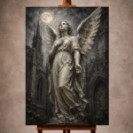 Charcoal and ivory Angel Statue Wall Art print for elegant interiors. No text or watermarks in design.