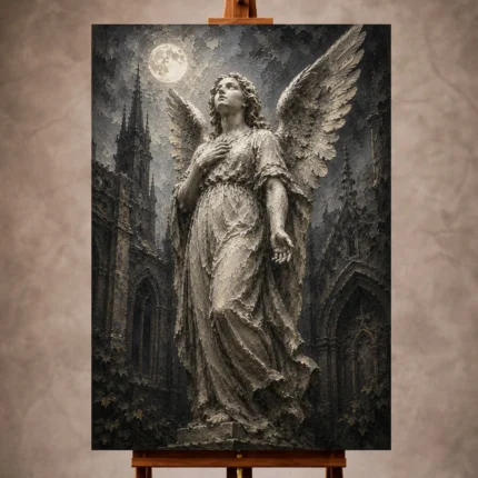 Charcoal and ivory Angel Statue Wall Art print for elegant interiors. No text or watermarks in design.
