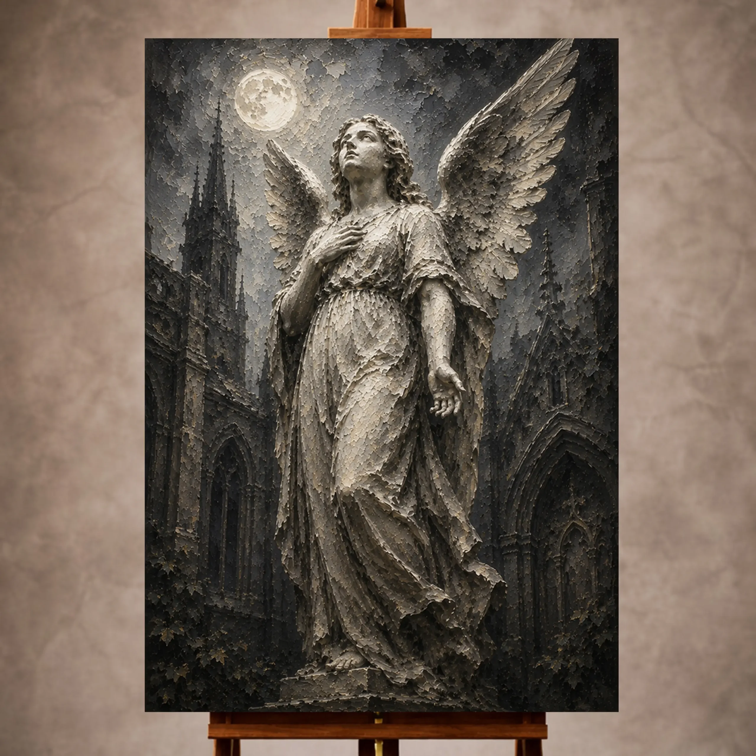 Premium Wall Art Dikey Html Edition – GOTICWALL054 Image 1 Charcoal and ivory Angel Statue Wall Art print for elegant interiors. No text or watermarks in design.
