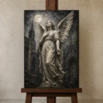 Charcoal & Ivory Angel Statue Gothic Wall Art Canvas Print displayed on a studio easel