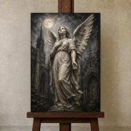 Charcoal & Ivory Angel Statue Gothic Wall Art Canvas Print shown in Studio Easel