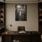 Charcoal & Ivory Angel Statue Gothic Wall Art Canvas Print displayed in a contemporary gallery-inspired room