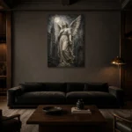 Charcoal & Ivory Angel Statue Gothic Wall Art Canvas Print shown in a warm modern interior