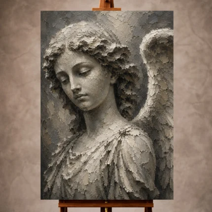 Stone gray and ivory Angel Statue Wall Art print for elegant interiors. No text or watermarks in design.
