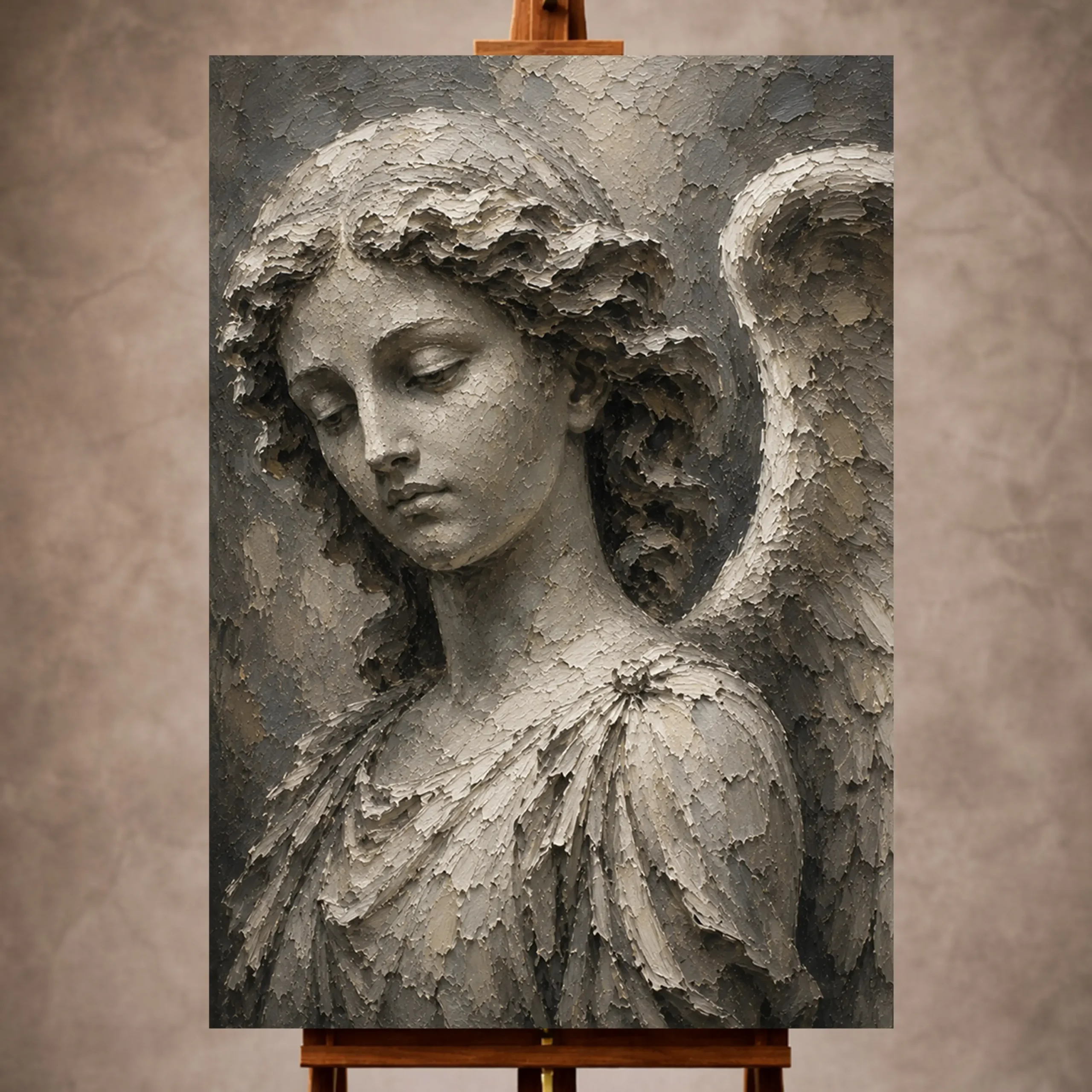 Premium Wall Art Dikey Html Edition – GOTICWALL055 Image 1 Stone gray and ivory Angel Statue Wall Art print for elegant interiors. No text or watermarks in design.