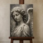 Stone Gray & Ivory Angel Statue Gothic Wall Art Canvas Print displayed on a studio easel