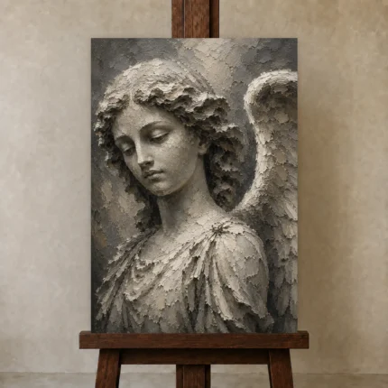 Stone Gray & Ivory Angel Statue Gothic Wall Art Canvas Print shown in Studio Easel