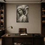 Stone Gray & Ivory Angel Statue Gothic Wall Art Canvas Print displayed in a contemporary gallery-inspired room
