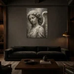Stone Gray & Ivory Angel Statue Gothic Wall Art Canvas Print shown in a warm modern interior
