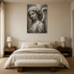 Stone Gray & Ivory Angel Statue Gothic Wall Art Canvas Print showcased in an elegant minimalist interior