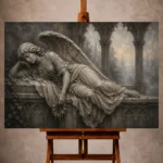 Stone and ivory Angel Statue Wall Art print for elegant interiors. No text or watermarks in design.