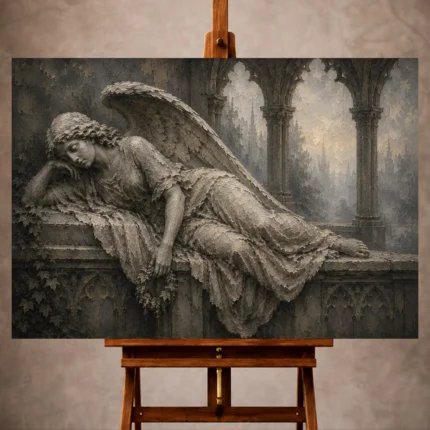 Stone and ivory Angel Statue Wall Art print for elegant interiors. No text or watermarks in design.