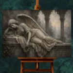 Stone and Ivory Reclining Angel Statue Gothic Wall Art Canvas Print - Image 2