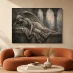 Stone and Ivory Reclining Angel Statue Gothic Wall Art Canvas Print - Image 3