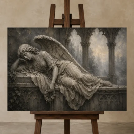 Stone and Ivory Reclining Angel Statue Gothic Wall Art Canvas Print displayed on a studio easel