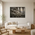 Stone and Ivory Reclining Angel Statue Gothic Wall Art Canvas Print styled in a refined neutral interior