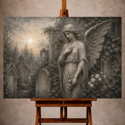 Mist gray and ivory Angel Statue Wall Art print for elegant interiors. No text or watermarks in design.