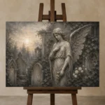 Mist Gray & Ivory Garden Angel Gothic Wall Art Canvas Print displayed on a studio easel