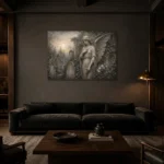 Mist Gray & Ivory Garden Angel Gothic Wall Art Canvas Print shown in a warm modern interior