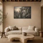 Mist Gray & Ivory Garden Angel Gothic Wall Art Canvas Print presented in a sophisticated home setting