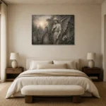 Mist Gray & Ivory Garden Angel Gothic Wall Art Canvas Print showcased in an elegant minimalist interior