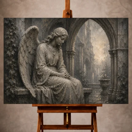Stone gray and muted silver Angel Statue Wall Art print for elegant interiors. No text or watermarks in design.