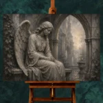 Stone Gray & Silver Seated Angel Gothic Wall Art Canvas Print - Image 2