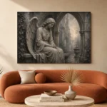 Stone Gray & Silver Seated Angel Gothic Wall Art Canvas Print - Image 3