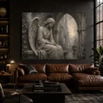 Stone Gray & Silver Seated Angel Gothic Wall Art Canvas Print - Image 4