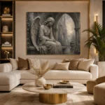 Stone Gray & Silver Seated Angel Gothic Wall Art Canvas Print - Image 10