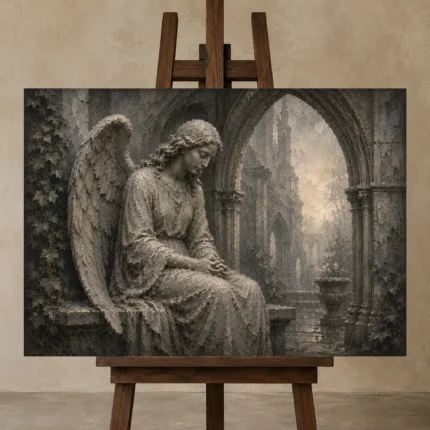 Stone Gray & Silver Seated Angel Gothic Wall Art Canvas Print displayed on a studio easel