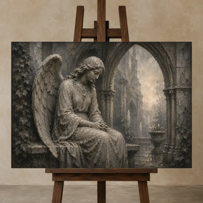 Stone Gray & Silver Seated Angel Gothic Wall Art Canvas Print displayed on a studio easel