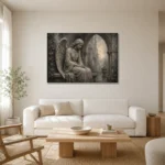 Stone Gray & Silver Seated Angel Gothic Wall Art Canvas Print styled in a refined neutral interior