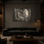 Stone Gray & Silver Seated Angel Gothic Wall Art Canvas Print shown in a warm modern interior