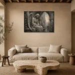 Stone Gray & Silver Seated Angel Gothic Wall Art Canvas Print presented in a sophisticated home setting