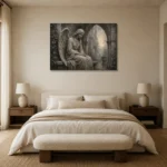 Stone Gray & Silver Seated Angel Gothic Wall Art Canvas Print showcased in an elegant minimalist interior