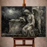 Charcoal and ivory Angel Statue Wall Art print for elegant interiors. No text or watermarks in design.